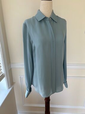 Brooks Brothers Soft Blue Silk-Blend Button-Down Blouse